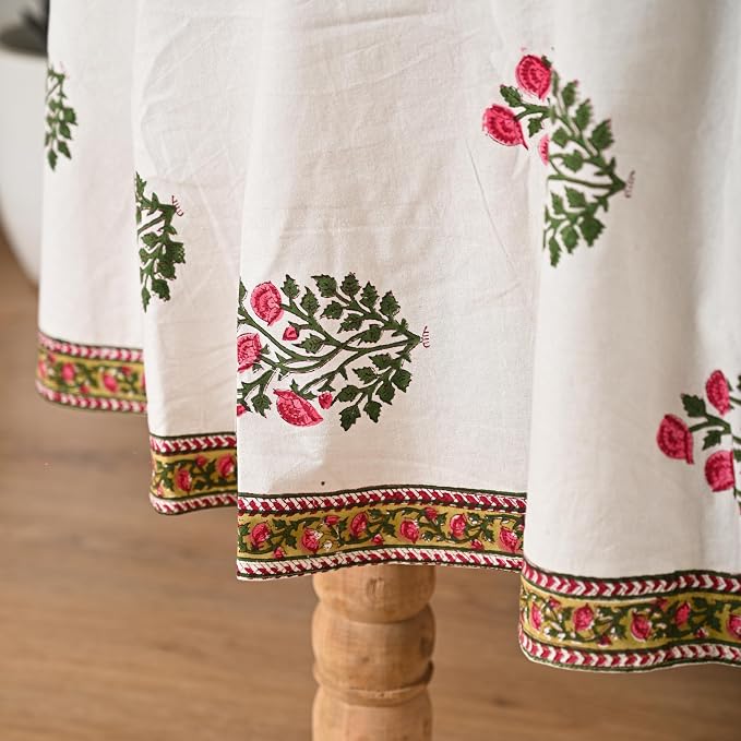 Hand Block Printed Tablecloth – Colorful Floral Print | 100% Cotton | Indian Artisan Handmade Art | Dining Room, Kitchen, Outdoor Décor, (Soft Petal Glow, 4 Seater 60 Inches Round)