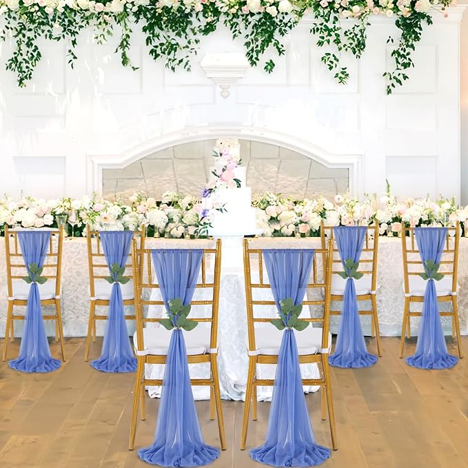 QueenDream Dusty Blue Sashes Wedding Chair Decorations: 50PCS Tulle Cover Bands Aisle Sheer Chair Bows for Birthday Party Banquet