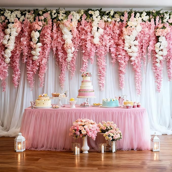 2-Pack Pink 2-in-1 Tulle Tablecloth for 4-Foot Rectangular Table – Stretch Fitted Table Skirt & Cover for Baby Shower, Bridal, Birthday, Princess Party