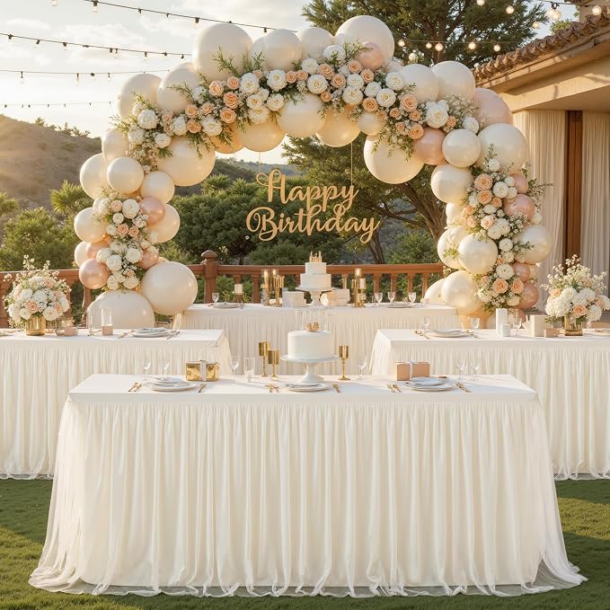 2 Pack 8ft Ivory Tulle Tablecloths for Rectangle Tables, 8 Foot Ivory Rectangular Table Cloth Wrinkle Free Tablecover with Tutu Skirt for Wedding Baby Shower Birthday Party Banquet Buffet Cake