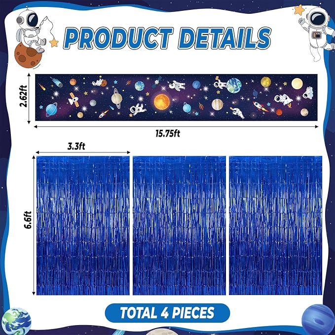 Irenare 5 Pcs Space Ceiling Decorations Planet Galaxy Party Decoration Set Astronaut Star Hanging Banner Dark Blue Tinsel Foil Fringe Curtain with Sparkling Stars for Space Astronaut Birthday Party