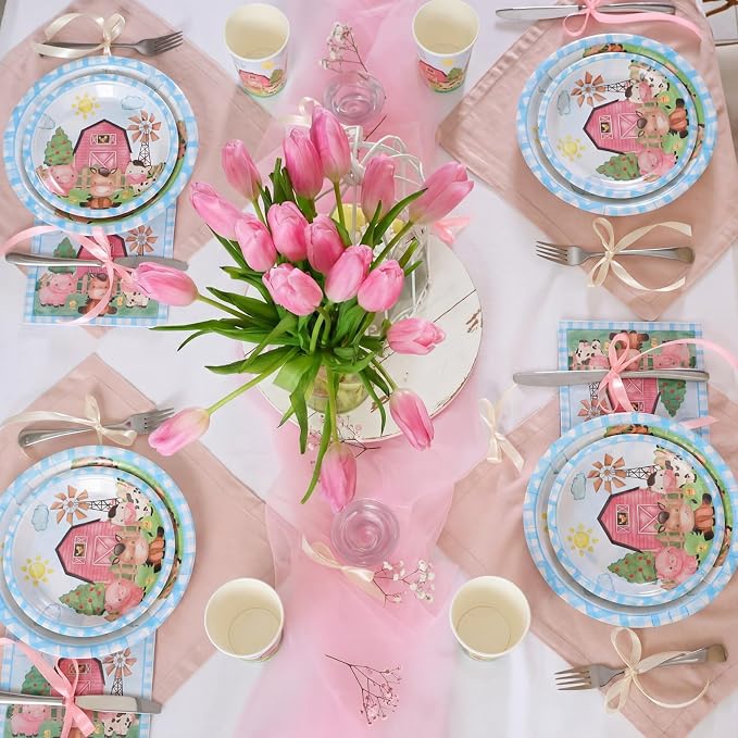 Pickmesh 250 Pcs Farm Animals Party Supplies Decorations Serve 50 Blue Farm Birthday Barn Animal Theme Disposable Paper Plates Napkins and Cups Dinnerware Cute Animal Baby Shower Party Decorations