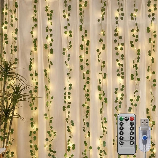 Bexdir 200 LED Curtain Vine Lights for Bedroom Decoration, 6.6x6.6ft Pre-Assembled Hanging Fake Vines with Fairy Lights USB Powered, Aesthetic Artificial Eucalyptus Lights for Room Wall Decor