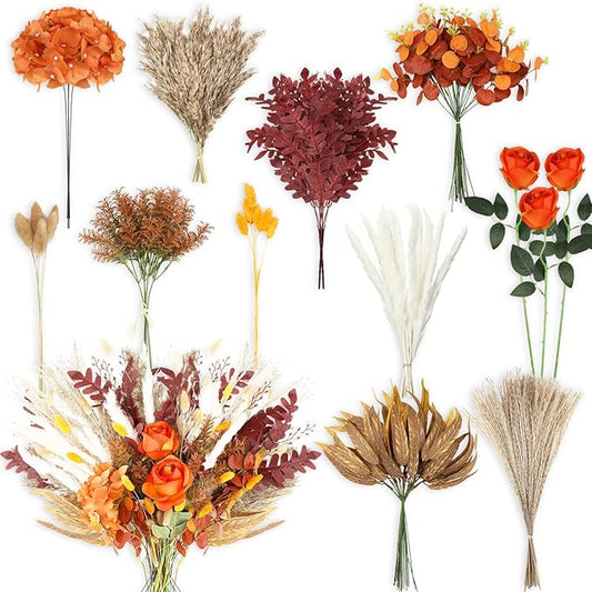 Cindeer 125 Pcs Fall Artificial Greenery Spray Box Set with 11 Kinds of Faux Pampas Grass and Flowers Fake Foliage Picks Bulk for DIY Bridal Bouquets Arrangement Wedding Thanksgiving Home Decor
