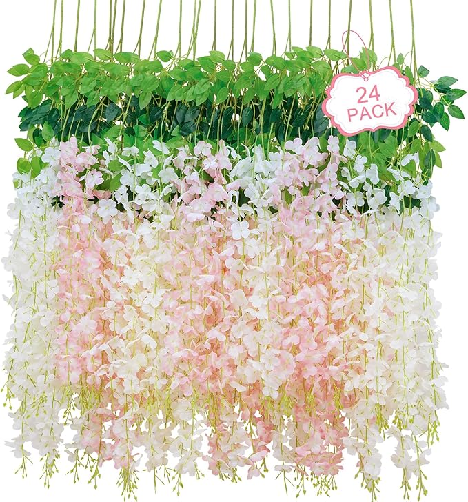 24Pcs Artificial Wisteria Hanging Flowers, 3.6Ft/Pcs White & Pink Fake Wisteria Garland for Wedding Party Home Garden Indoor Outdoor Decoration