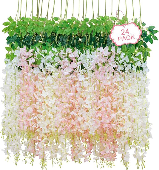 24Pcs Artificial Wisteria Hanging Flowers, 3.6Ft/Pcs White & Pink Fake Wisteria Garland for Wedding Party Home Garden Indoor Outdoor Decoration