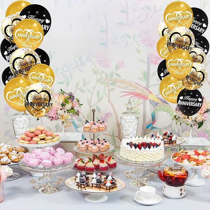 30Pcs Happy Anniversary Balloons Decorations Kit, 12 Inch Black Gold Happy Wedding Anniversary Latex Confetti Balloons Party Supplies, 10th 20th 30th 40th 50th 60th Indoor Outdoor
