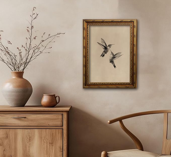 Vintage Gold Framed Vintage Birds Wall Art Birds Sketch Wall Decor Retro Hummingbirds Canvas print Retro Sketch Artwork Painting for Bedroom Living Room Shelf