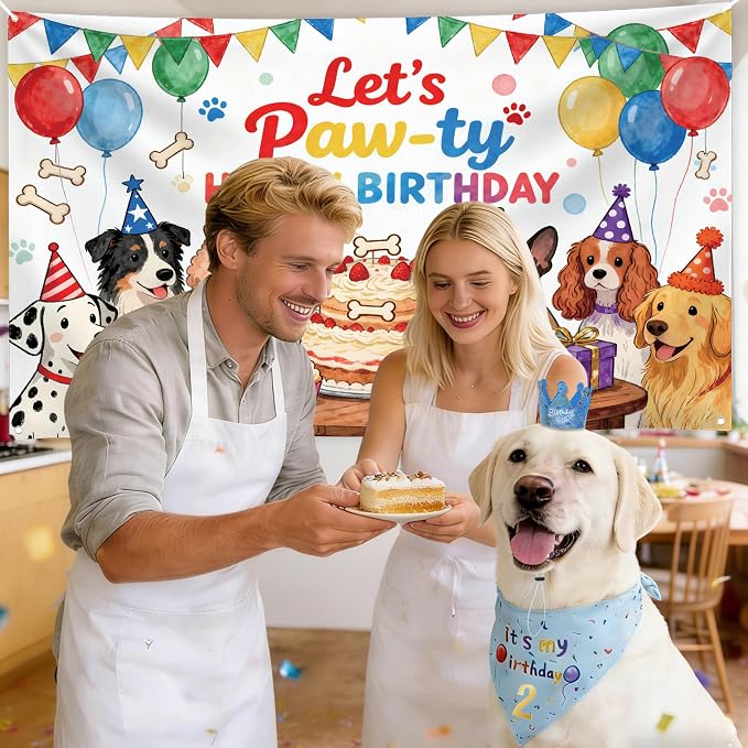 Dog Birthday Party Supplies,72X43Inch Let's Pawty Dogs Kids Birthday Party Banner Birthday Boy Cake Bandana Triangle Scarf Party Hat with Numbers for Large Medium Small Dog