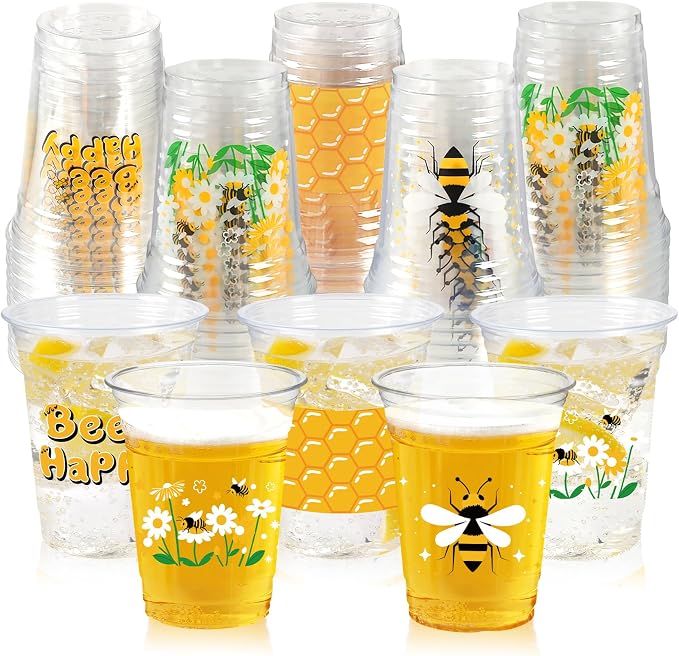 50 Pcs Honey Bee Party Decoration Cups, 12 oz Clear Disposable Drinking Honey Cups, First Bee Day Theme Summer Party Decorations Favors for Home, Kitchen, Baby Shower