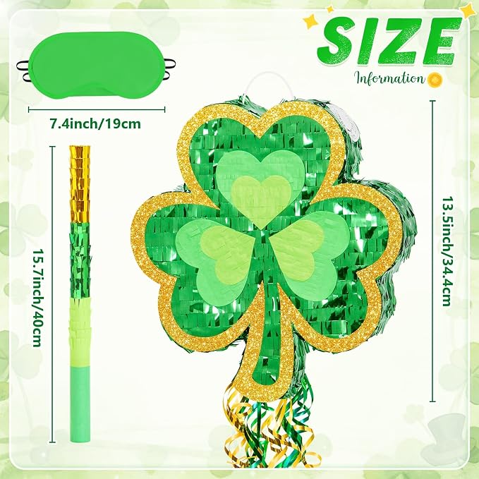 WERNNSAI Shamrock Piñata - Green Shamrock Decor Piñata with Bat & Blindfold, Party Game Supply with Shamrock Pattern (16" × 13.5" × 3")