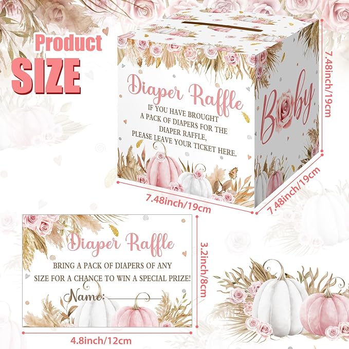 Teling 51 Pieces Diaper Raffle Tickets with Card Box Baby Shower Decorations Baby Shower Holder Box for Girl Boy Diaper Raffle Party(Boho Pumpkin)