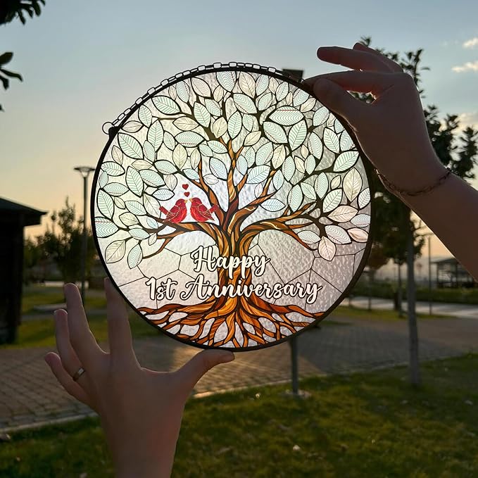 1st Wedding Anniversary Stained Glass Suncatcher, 6x6' Anniversary Decorations, 1st Celebration Marriage Gifts for Parents, Couple, Wife & Husband, 1 Wedding Milestone Keepsake