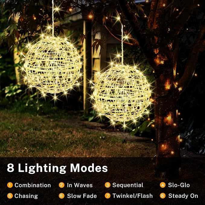 Outdoor Christmas Balls Lights 4 Pack Hanging 7.1" LED Garden Sphere Tree Lights 8 Modes Waterproof Glow Globe Lights with Memory Timer Plug for Party Yard Porch Eave Patio Xmas Decorations-Warm White