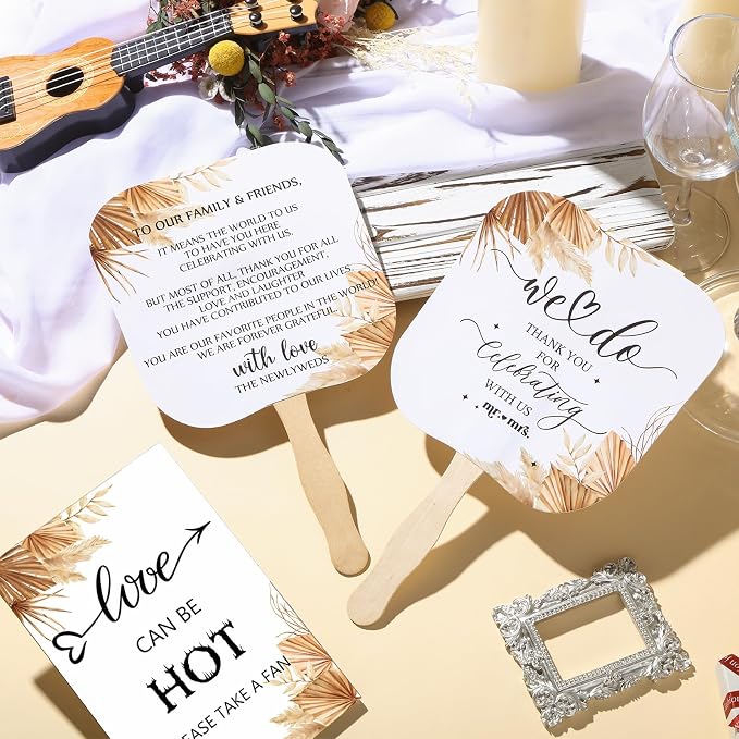 Fumete Wedding Favors for Guests 50 Pcs Wedding Fans and 1 Pc Table Sign Portable Paper Fan with Wooden Handle Hand Fan for Bridal Shower Party Favor Appreciation Gift(Boho)