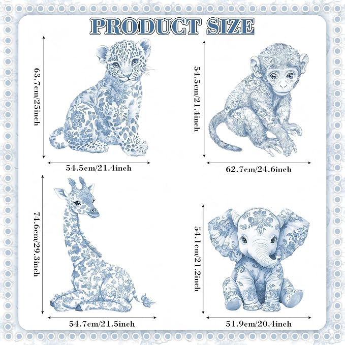 Honoson 4 Pcs 24.6" x 29.3" Large Blue Safari Toile De Jouy Baby Shower Decoration Cardboard Cutouts, Blue Floral Jungle Animal Yard Signs Standee for Wild One Birthday Party Supplies Gender Reveal