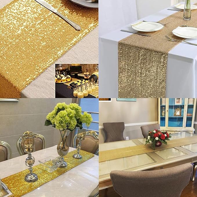 12 Packs 12 X 72 Inch Sequin Table Runner Glitter Dining Table Runner for Birthday Wedding Engagement Bridal Baby Shower Bachelorette Holiday Celebration Party Supplies Decorations (Champagne Gold)