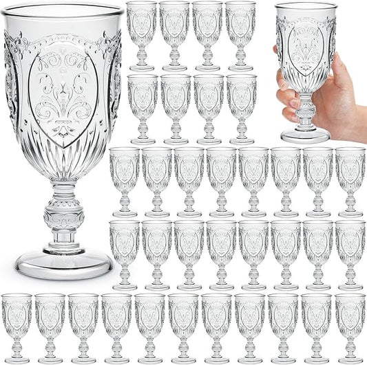 Wiwiqing 36 Pack Plastic Goblets 10oz Upgrade Vintage Water Goblet Plastic Wine Glasses Colored Retro Embossed Glassware for Party Wine Bar Juice Baby Shower Wedding Reception Grand (Clear)