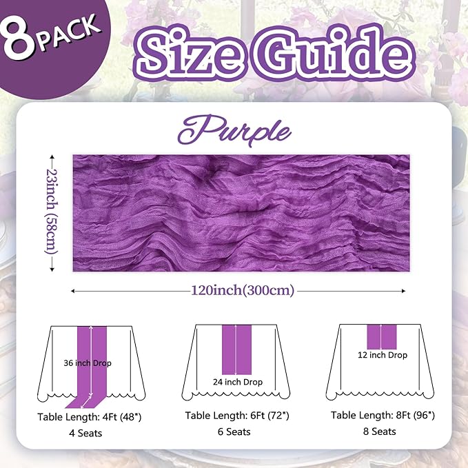 8 Pack Purple Cheesecloth Table Runner 10ft Boho Gauze Fabric 120 Inch Cheese Cloth Table Runner Rustic Sheer for Spring Holiday Baby Shower Party Décor Home Wedding Decoration