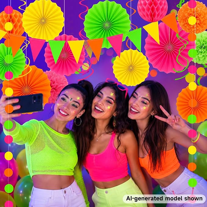 24 Pcs Neon Party Decorations Glow in the Dark Party Supplies | UV reactive fluorescent paper in pink, orange, yellow and green; paper fans, pom poms, honeycomb balls, banner and garland