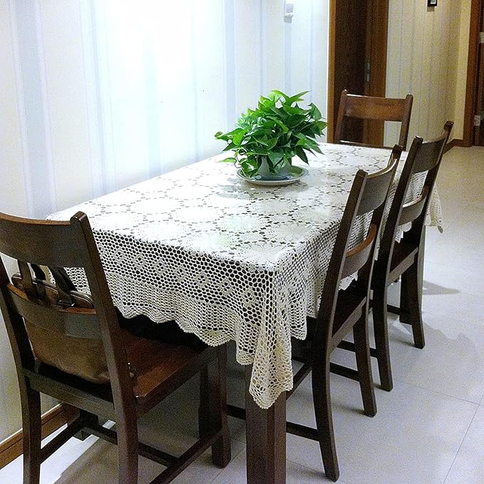 USTIDE Rectangular Crochet Kitchen Tablecloth Beige Cotton Tablecloth Floral Lace Table Cover for Dining Room Living Room 59inchesx78inches