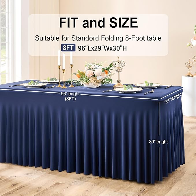 Outpain 8ft Spandex Table Cloth for Standard Folding Tables-4Pack Navy Blue Table Cloth Table Protector for Party, Wedding, Cocktail, Banquet, Festival