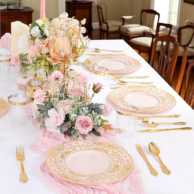 GATHER 350PCS Pink and Gold Plastic Plates - Gold Disposable Dinnerware Set Include 50 Dinner Plates, 50 Dessert Plates, 150 Plastic Silverware, 50 Napkins, 50 Cups for Wedding & Mother's Day