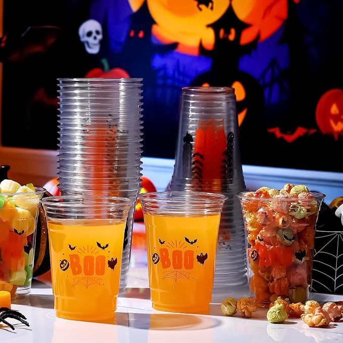100 Pcs Halloween Plastic Cups Bulk 16 oz Disposable Halloween Boo Party Cups Spooky Clear Plastic Glasses for Trick or Treat Scary Party Supplies Cold Drinks