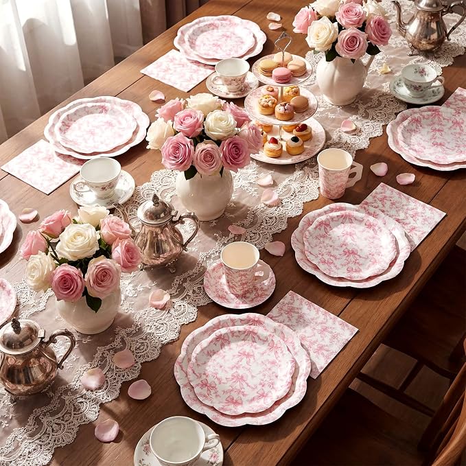 Pickmesh 252 Pcs Pink Bow Floral Tea Party Supplies for 36 Guests Flower Paper Disposable Dinnerware Flower Teacup with Handle and Saucers Set for Tea Party Decorations Birthday Baby Shower Wedding