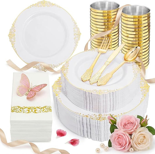 Nervure 350PCS Gold Plastic Dinnerware - White and Gold Disposable Plates for 50 Guests - 100 White Disposable Plates, 150 Plastic Silverware, 50 Cups, 50 Napkins for Wedding & Party & Mother's Day