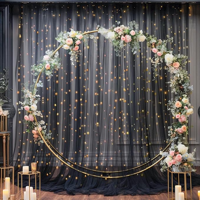 30x8ft Black Tulle Backdrop Curtain with Lights String for Parites, Sheer Backdrop Curtains for Wedding Baby Shower Birthday Party Photo Shoot Decorations