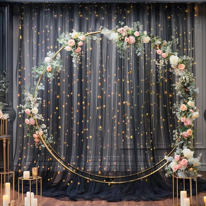 10x8ft Black Tulle Backdrop Curtain with Lights String for Parites, Sheer Photo Backdrop Curtains with Lights for Wedding Backdrop Ceremony Reception Bridal Shower Baby Shower Birthday Party