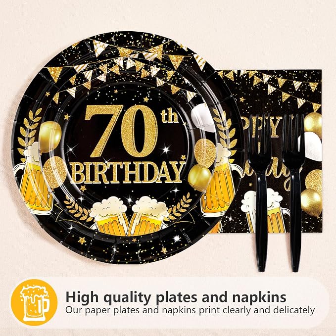 96Pcs 70th Birthday Party Supplies Black Gold Plates and Napkins Tableware Sets Cheers and Beers to 70 Years Decorations Favors for Men Women 70 Years Old Birthday Dinner Holiday Party Serves 24