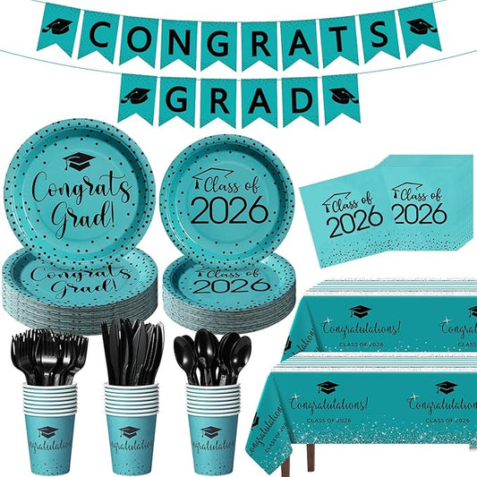 354Pcs Teal and Black Graduation Decorations Set ,2026 Graduation Party Supplies Serves 50,Includes Congrats Grad Banner Paper Plates Cups Napkins Tablecloths Tableware for Class of 2026