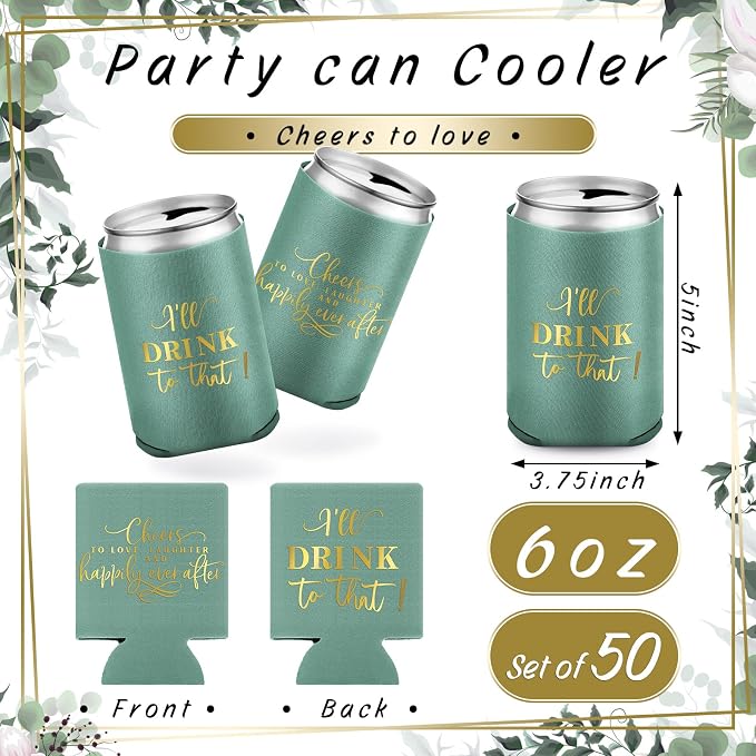 SiliFine 101 Pcs Green Wedding Can Cooler Bulk Engagement Party Favors for 100 Guests Cheers to Love Laughter, and I'll Drink Can Cooler with Wooden Wedding Table Sign Bridal Shower Favor