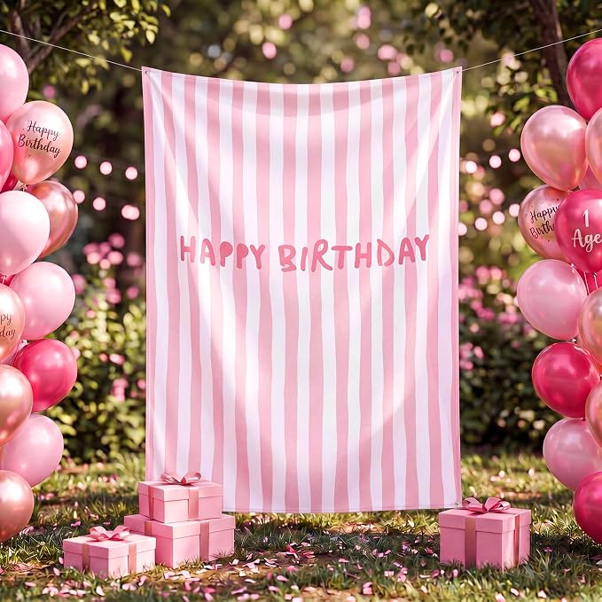 Flutesan 7x5ft Pink Stripe Happy Birthday Backdrop Large Banner Fabric Tapestry Birthday Party Decoration Baby Shower Linen Rustic Background Wall Photo Props Indoor Outdoor