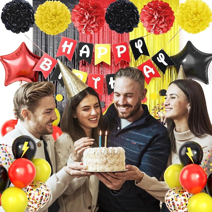 Red Black Yellow Party Supplies,Include Balloons Happy Birthday Banner Fringe Curtain Tissue Paper Pompoms Garland