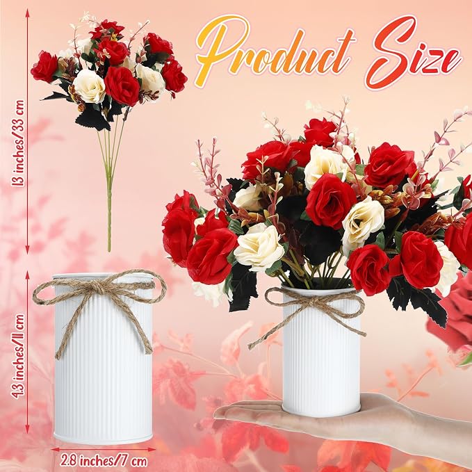 Domensi 12 Sets Wedding Centerpiece for Table Artificial Rose with Vase Fake Bouquets and Metal Pot Flower Arrangements for Bridal Shower Birthday Party Event Table Decor (Red,Champagne)