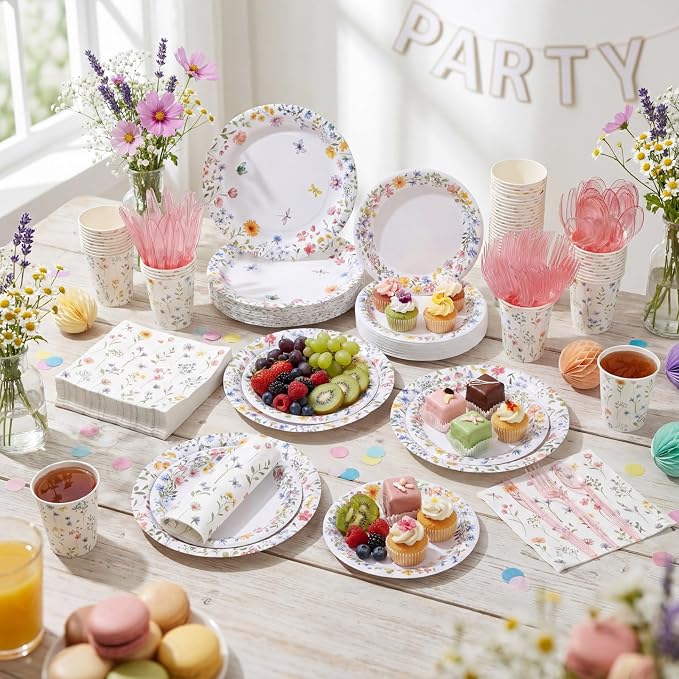 Pickmesh 400 Pcs Wildflower Party Supplies Floral Baby in Bloom Tableware Include Disposable Paper Plates Napkins Cups Cutlery for Spring Summer Picnic Tea Baby Shower Party Decorations Serve 50