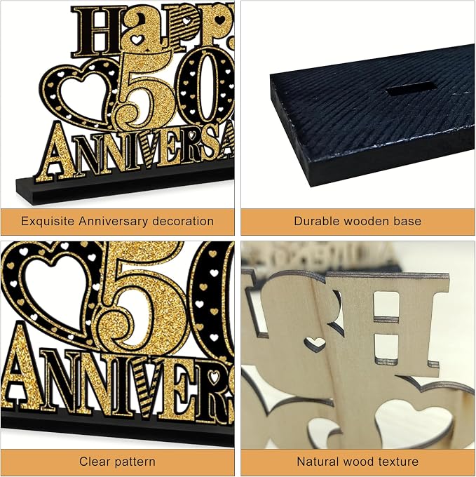 Eiurteao 4 Pieces 50th Anniversary Decorations Married in 1976 Table Sign, Black Gold Happy 50 Wedding Anniversary Table Centerpieces Party Supplies, Cheers to 50 Year Anniversary Table Decor