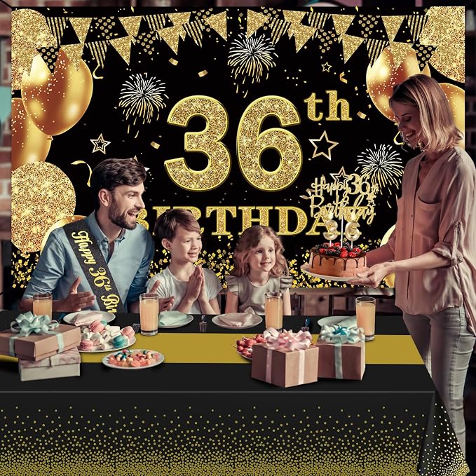 36th Birthday Decorations Men Women with 36th Birthday Banner, Black and Gold Table Cloth, Number Balloons, Large Sash, Cake Topper and Candles