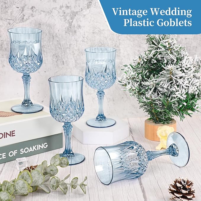 48 Pack Dusty Blue Plastic Wine Glasses, Vintage Plastic Goblets for Parties, Drinking Glasses Unbreakable Glassware Crystal Water Goblets Reusable Drinkware for Wedding Reception Grand Event Party