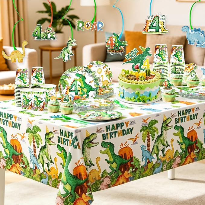 Watercolor Dinosaur 4th Birthday Party Supplies Roar Im 4 Dinosaur Party Plates Cups Napkins Hanging Swirls Banner Tablecloth Straws forks for Boys Dinosaur T-Rex Roar 4th Party Birthday Decorations