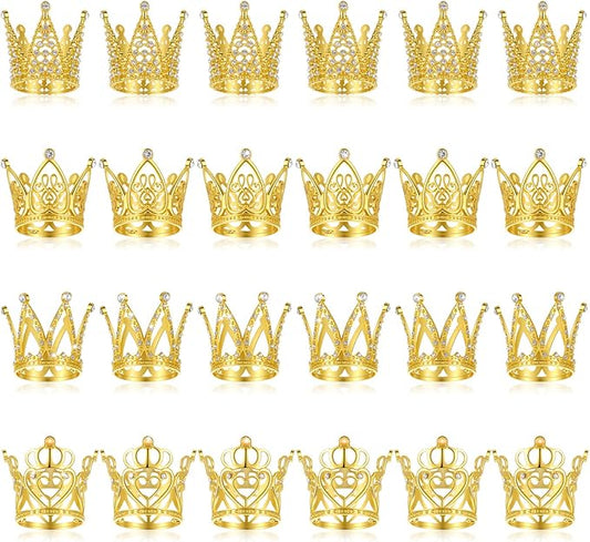 24 Pcs Mini Gold Crowns, Tiny Queen Crown, Flower Cupcake Topper Crown Flower Bouquet Crowns for Women Lady Girl Bridal Wedding Baby Shower Decor Birthday Party (4 Styles)