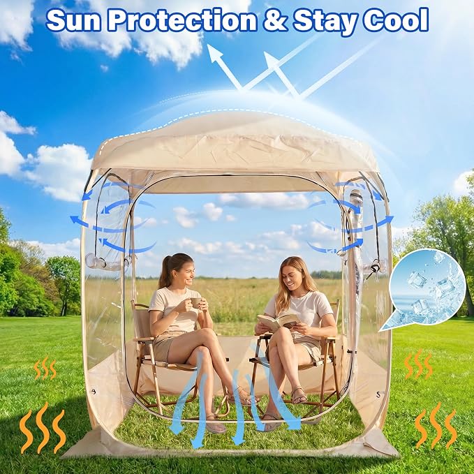 DIAMONDFORGE Sports Tent Pop Up Shelter 4.2 x 4.2 FT, Portable Clear Tent with Removable Top Cover, Instant Setup Weather Pods 2 Person, Spacious BubbleTent for Outside, Beige