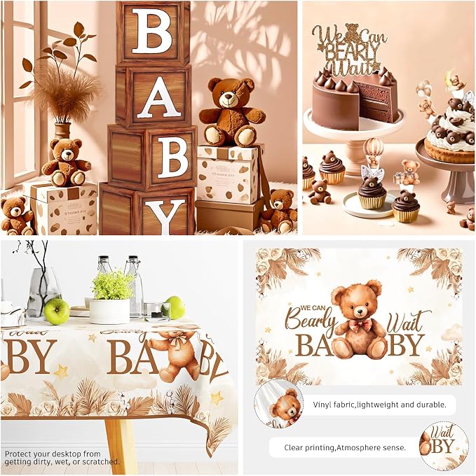 249 Pcs Bearly Wait Baby Shower Decorations, Brown Netural Balloon Arch Kit We Can Barely Wait Banner Plates and Napkin Set with Tablecloth Bear Baby Shower Decorations Brown