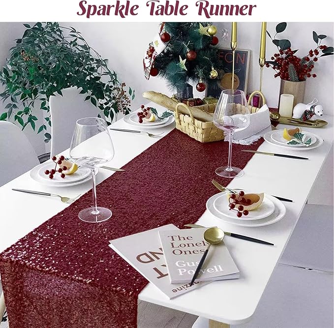 6 Pack Burgundy Red Valentine's Day Sequin Table Runner 12" x 72" Sparkle Table Runner for Baby Bridal Shower Wedding Birthday Party Table Decor (Burgundy)