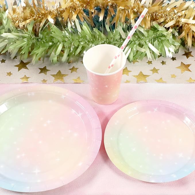 Recheel Pastel Birthday Party Supplies Decorations, Rainbow Theme Birthday Paper Plates and Napkins Set with Cups and Straws for 24 Guests, 120 Pcs Disposable Party Dessert Dinnerwares