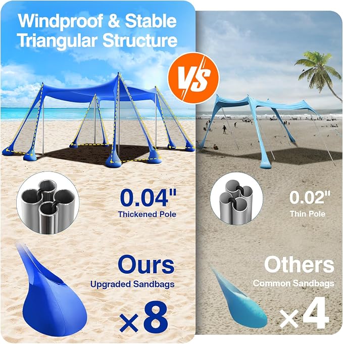 Rhino Valley Beach Tent, 10 x 10 FT Beach Shade UPF50+ Protection, BeachCanopy with 8 Sandbags 4 Stability Poles, Outdoor Beach Tent Sun Shelter Umbrella for Sand, Camping, Fishing Essentials, Indigo