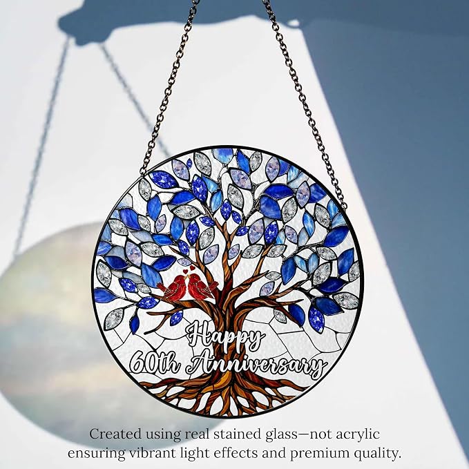 60th Wedding Anniversary Stained Glass Suncatcher, 6x6' Diamond Anniversary Decorations, 60th Celebration Marriage Gifts for Parents, Couple, Wife & Husband, 60 Wedding Milestone Keepsake